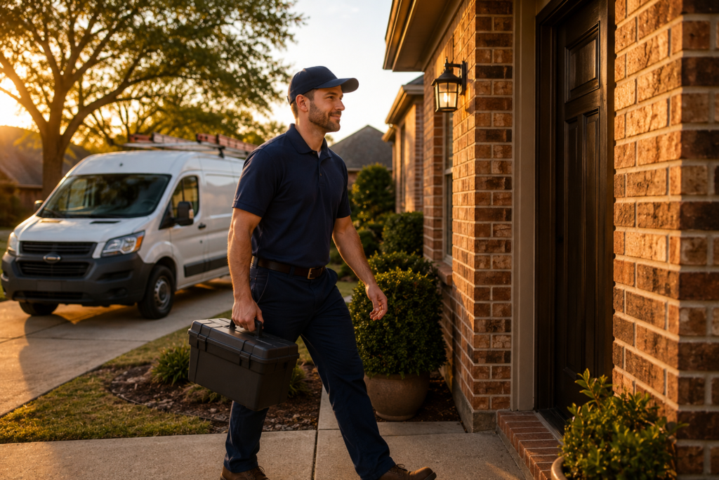 Professional HVAC technician in a navy blue uniform carrying a toolbox while walking toward the front door of a Texas brick home at sunset, with a service van parked in the driveway behind him.