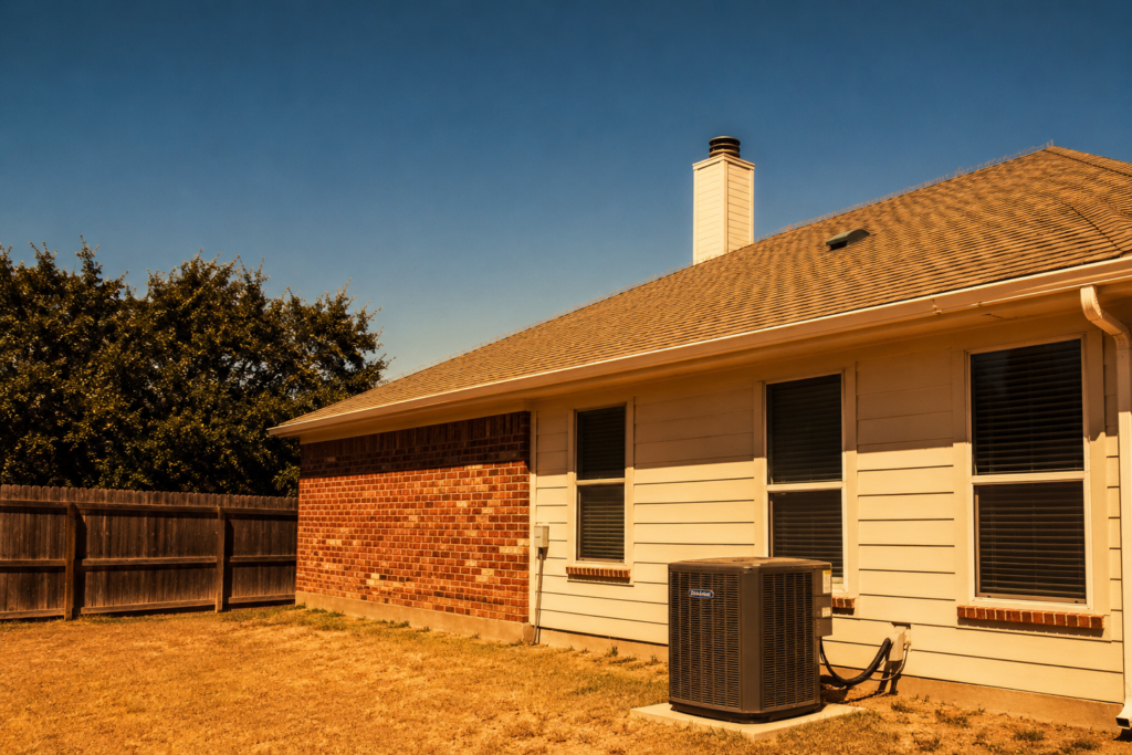 Photorealistic exterior of a suburban Texas home on a scorching summer day, featuring a backyard air conditioning condenser unit, dry brown grass, intense sunlight, and a clear deep blue sky.