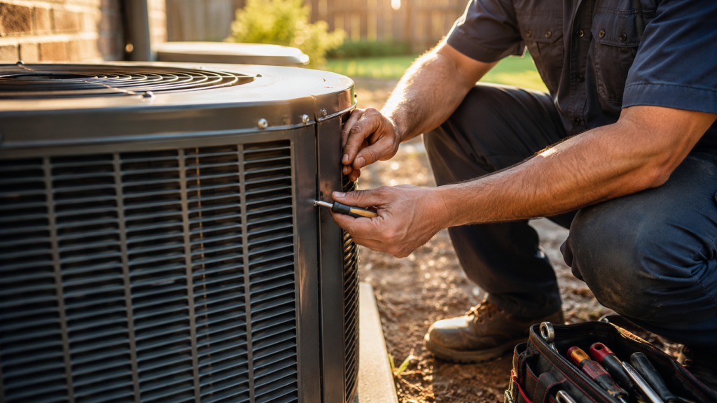 Close-up of an HVAC technician adjusting an outdoor air conditioner condenser unit with a screwdriver in a sunny Texas backyard, with tools nearby and warm golden-hour lighting.